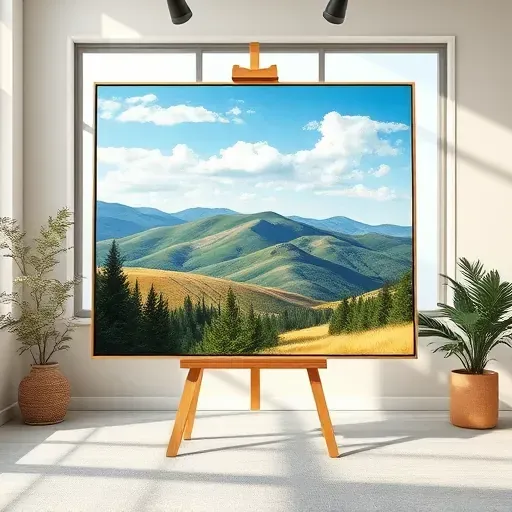 Completed painting in Centennial CO features vibrant Colorado landscape with hills, trees, blue sky, and elegant framing.