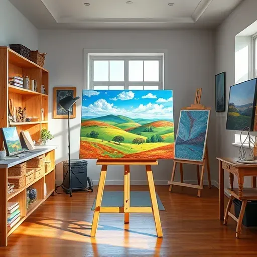 Completed vibrant landscape painting on easel in a modern art studio in Ken Caryl CO, showcasing natural beauty.
