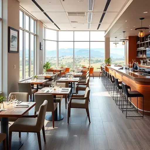 Elegant Centennial restaurant interior with wooden tables, plush chairs, large windows showing Colorado mountains, and sophisticated decor