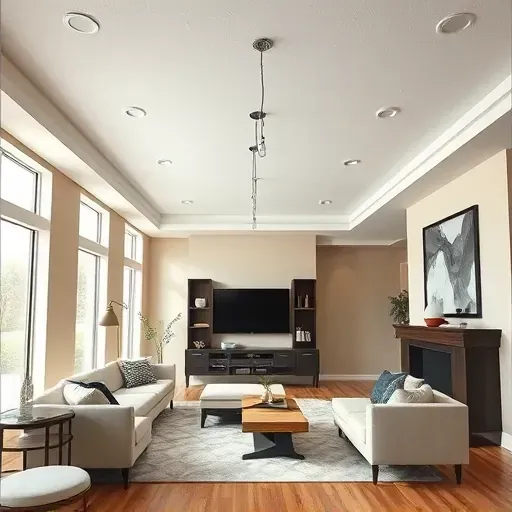 Renovated modern living room in Centennial CO with smooth finished ceilings, neutral walls, hardwood floors, and natural light