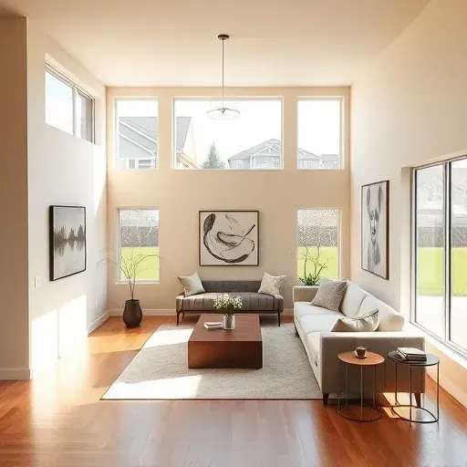 Modern living room interior in Centennial, CO, features neutral walls, natural light, and minimalist decor, showcasing quality craftsmanship.
