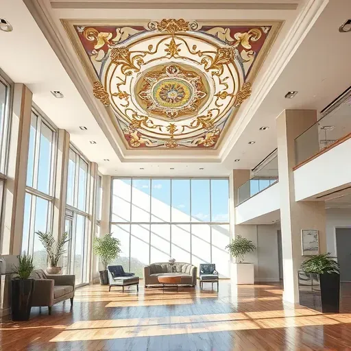Elegant ceiling painting with intricate patterns in a upscale Centennial CO commercial space with natural light and modern decor