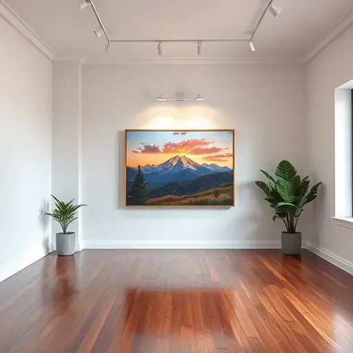 Painting of serene mountain landscape at sunset in a well-lit Brighton CO gallery with elegant decor and calming ambiance