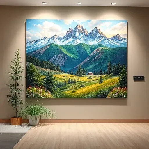 Colorful painting of Rocky Mountains in Arvada CO displayed in a softly lit gallery with detailed greenery and wildflowers.