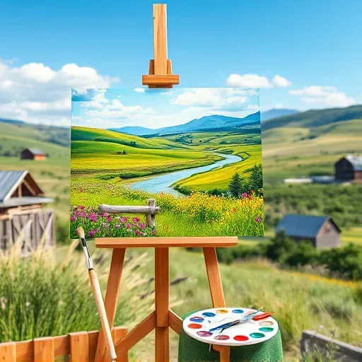 Completed painting in Lowry, CO, showcasing vibrant colors of green fields, flowers, hills, and a flowing river.