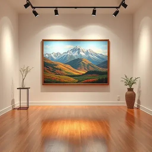 Painting of Rocky Mountain foothills in gallery, surrounded by neutral walls and elegant lighting in Lakewood CO.
