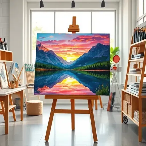 Completed painting in Lakewood CO depicts serene lake and Rocky Mountains at sunset, vibrant colors and inviting studio setting.