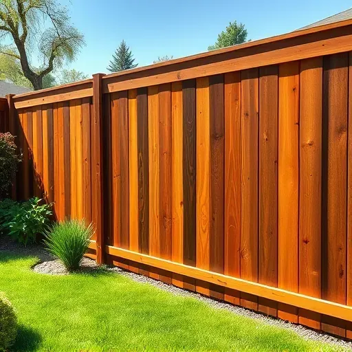 Freshly stained cedar fence with rich tones and smooth finish in a lush backyard with landscaping and modern patio