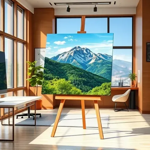 Completed painting in Lowry CO on easel, serene mountain landscape with vibrant colors in a stylish office setting.