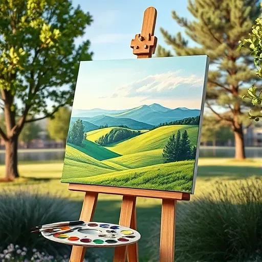 Completed painting on easel in Cherry Hills Village showcases vibrant landscapes, lush hills, and serene outdoor ambiance.