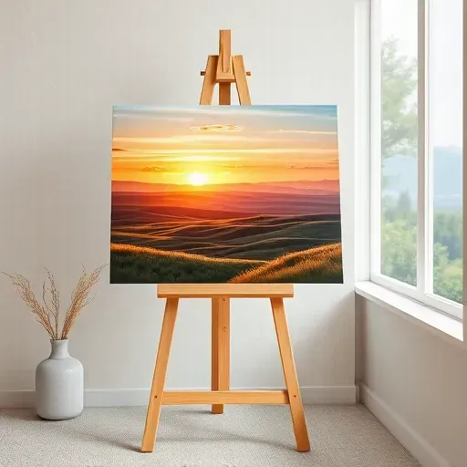 A completed painting on an easel showcases Aurora, CO's sunrise over plains and hills against a neutral backdrop.