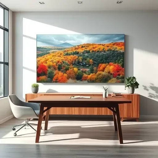 Painting of a serene Northglenn autumn landscape in a modern office with sleek decor, natural lighting and greenery.