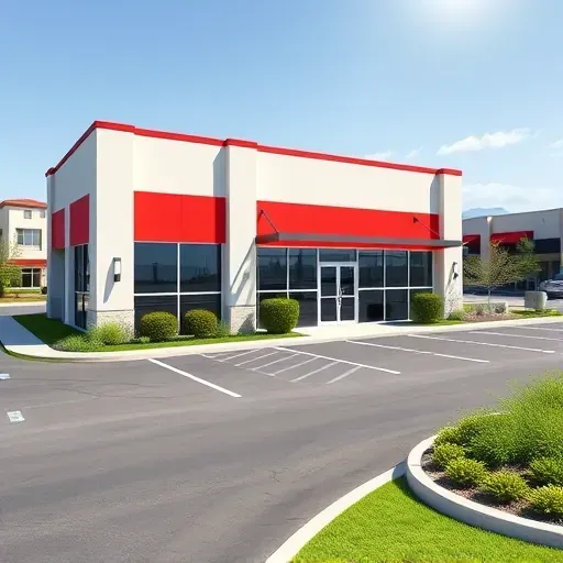 Freshly painted commercial building in Centennial Colorado with glossy smooth walls, neat parking lot, lush landscaping, and clear sky