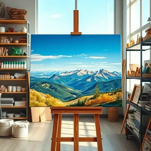 Completed painting in Lowry, CO on an easel in a well-lit studio with organized art supplies and natural light.