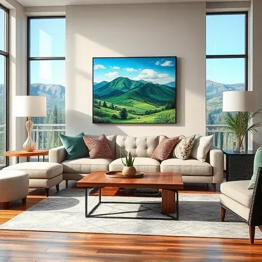 Vibrant living room in Thornton CO features a scenic landscape painting, elegant decor, and natural lighting.