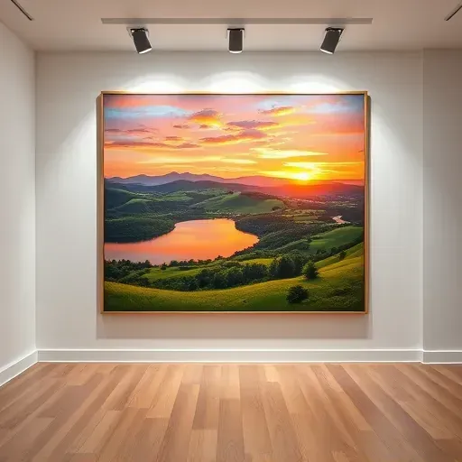 Completed painting of Broomfield CO landscape at sunset reflecting on a lake, framed and highlighted in a modern gallery.