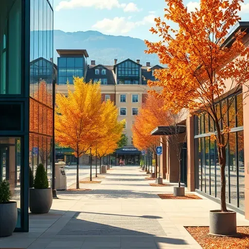 Completed painting of Glendale CO cityscape with autumn leaves, modern buildings, and inviting sidewalks.