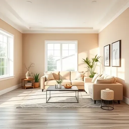 Beautifully painted living room in Centennial CO with beige sofa, modern decor, large windows, and natural light.