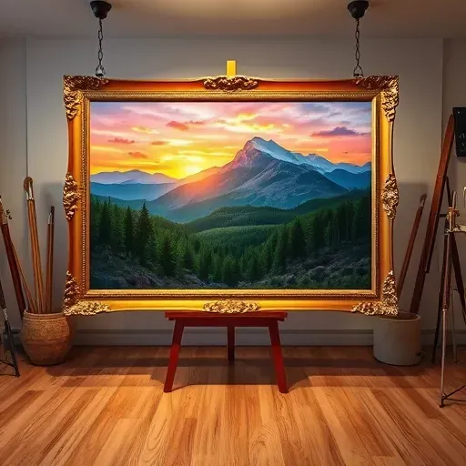 Painting of a vibrant mountain landscape in Castle Pines CO, sunset colors, framed in gold, set in a modern studio.