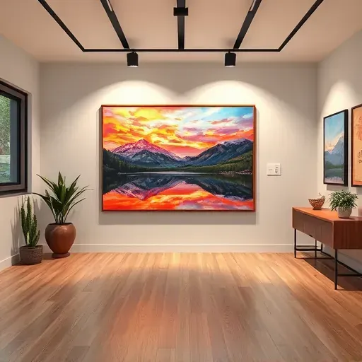 Vibrant landscape painting of Rocky Mountains at sunset displayed in a modern art gallery in Golden, CO.