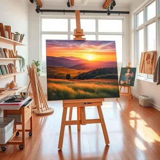 Completed painting on easel in art studio, showcasing vibrant colors and serene sunset over Colorado hills.