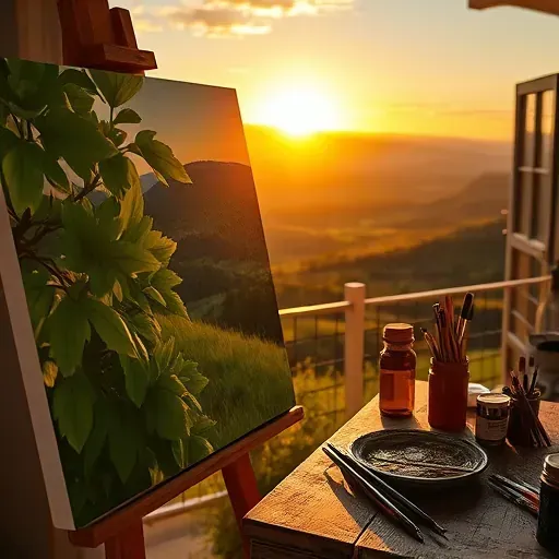 Completed landscape painting in The Pinery, CO, with vibrant hills, brush strokes, and a serene sunset view.