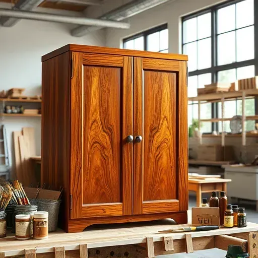 Finished glossy wooden cabinet in a bright modern workshop with tools and organized shelves highlighting expert craftsmanship