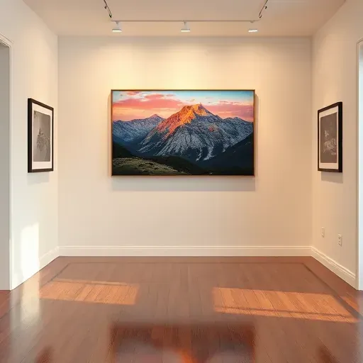 A striking sunset landscape painting of the Rocky Mountains showcased in an elegant gallery in Federal Heights CO.