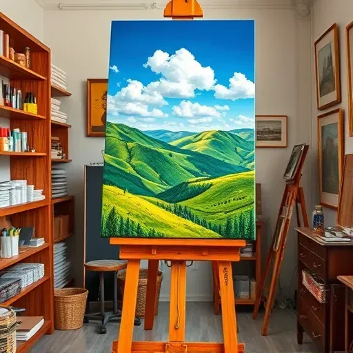 Completed landscape painting on wooden easel in art studio in Superior, CO, with vibrant greens and blue sky.