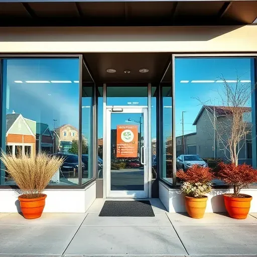 Business storefront in Centennial Colorado with modern glass facade, landscaped entrance, and community-focused vibe