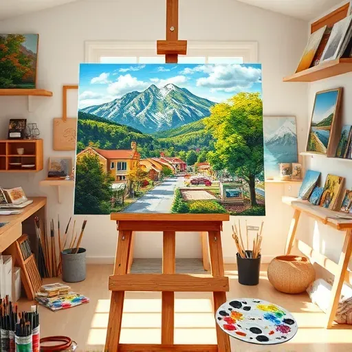 Completed painting in Littleton CO shows vibrant landscape, charming streets, greenery, and mountains in studio setting.
