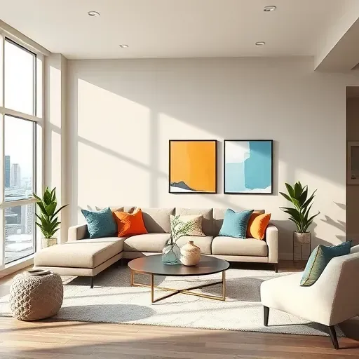 Modern living room in Centennial CO with coordinated wall colors, vibrant accents, natural light, and cityscape view.