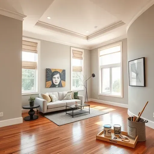 Freshly painted living room in Centennial CO features neutral tones, crown molding, hardwood floors, and stylish decor.
