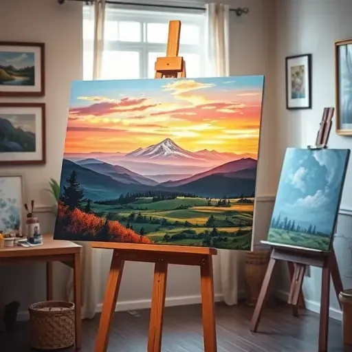 Completed painting of vibrant Northglenn landscapes on an easel in an inviting art studio with organized supplies.