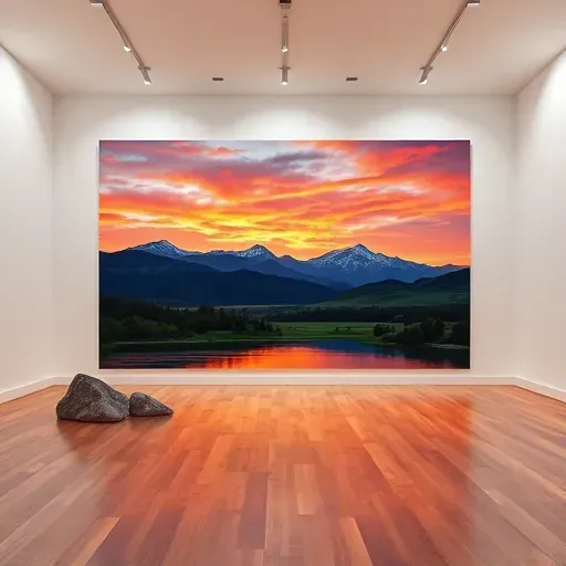 Painting of Aurora CO's sunset over a serene lake, displayed in a minimalist gallery with elegant lighting.
