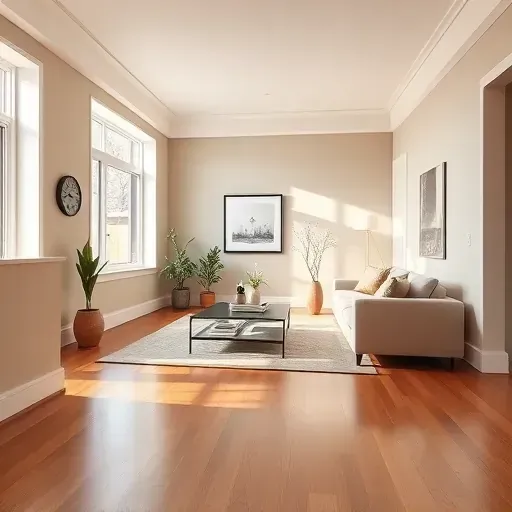 Freshly painted living room in Centennial, CO with neutral tones, large windows, hardwood flooring, and modern decor.