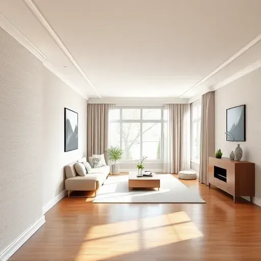 Freshly painted white crown molding in a modern living room with natural light, polished hardwood floors, and minimalist decor