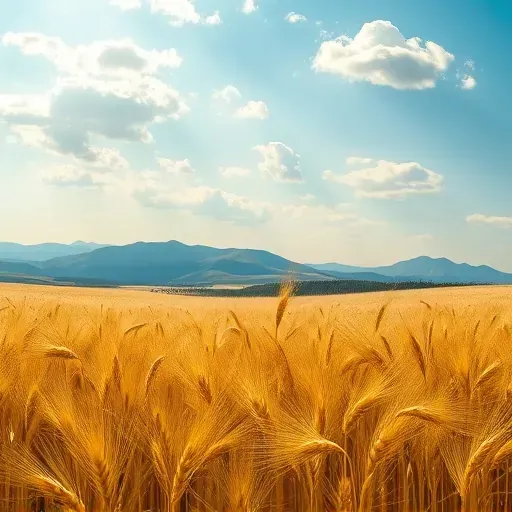 A vibrant painting of golden wheat fields in Wheat Ridge, CO, under a blue sky with fluffy clouds and distant mountains.