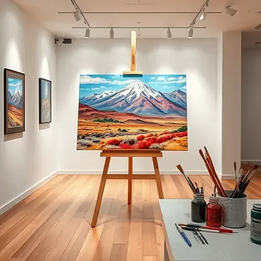Completed painting of Wheat Ridge landscape on easel in modern gallery with minimalist design and art supplies nearby.