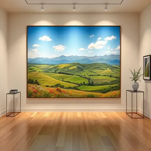 Completed painting in modern gallery, featuring vibrant Castle Pines landscape with hills, greenery, and mountains.