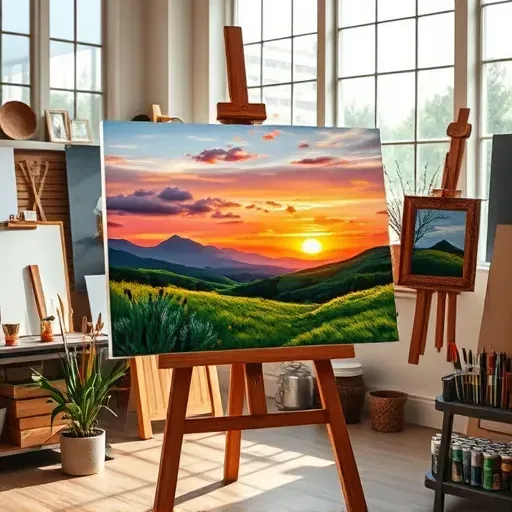 Completed painting of a serene sunset over Columbine CO foothills in vibrant colors, displayed in an art studio.