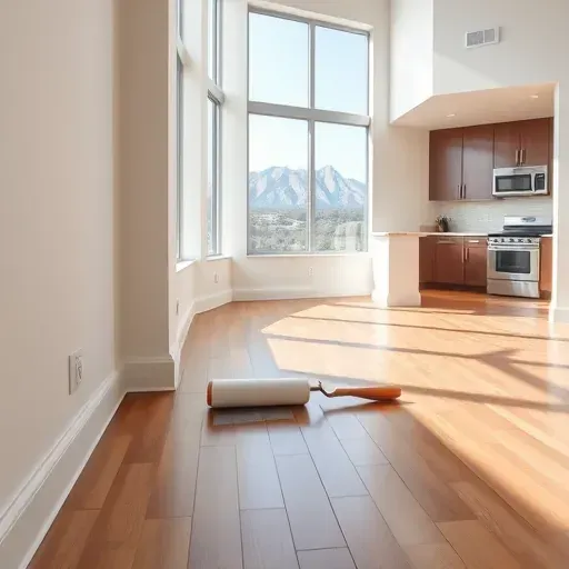 Freshly painted modern apartment interior in Centennial Colorado showing smooth walls, polished hardwood floor, scenic mountain views, and minimalist decor