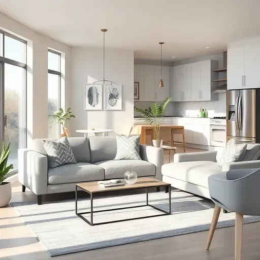 Freshly painted modern living room in Centennial Colorado with vibrant walls, cozy gray sofa, natural light, and stylish decor
