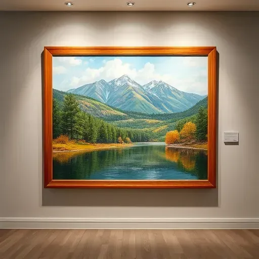 Completed painting in Lakewood CO showcases vibrant landscapes of mountains, lake, and trees in elegant gallery setting.