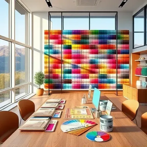 Vibrant color consulting workspace in Centennial Colorado with organized swatches, wooden table, scenic mountain views and professional decor