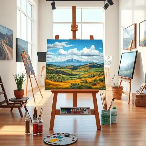 Completed painting on an elegant easel in a bright, modern Foxfield CO art studio with vibrant landscape and artist supplies.