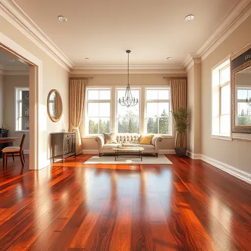 Interior of a modern Centennial CO home featuring expertly stained rich wooden floors, neutral walls, and natural daylight.