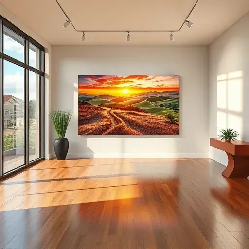 Completed painting in modern Firestone CO gallery, showcasing vibrant colors and local landscape under natural light.
