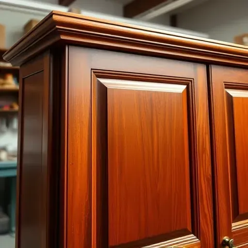 Close-up of a beautifully painted wooden cabinet showcasing detailed craftsmanship, smooth surfaces, vibrant colors, and professional finishing in a modern workshop setting