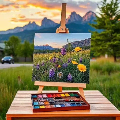 Completed painting of Flatirons in Louisville, CO, on easel surrounded by vibrant wildflowers and art supplies.